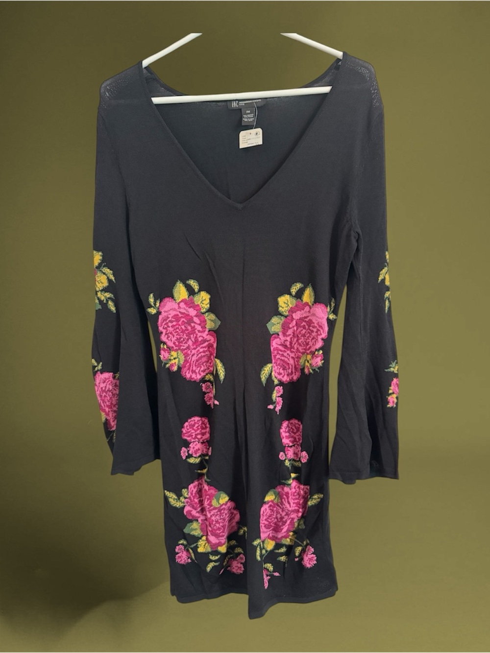 Black V-Neck Floral Knit Dress with Pink Rose Embroidery